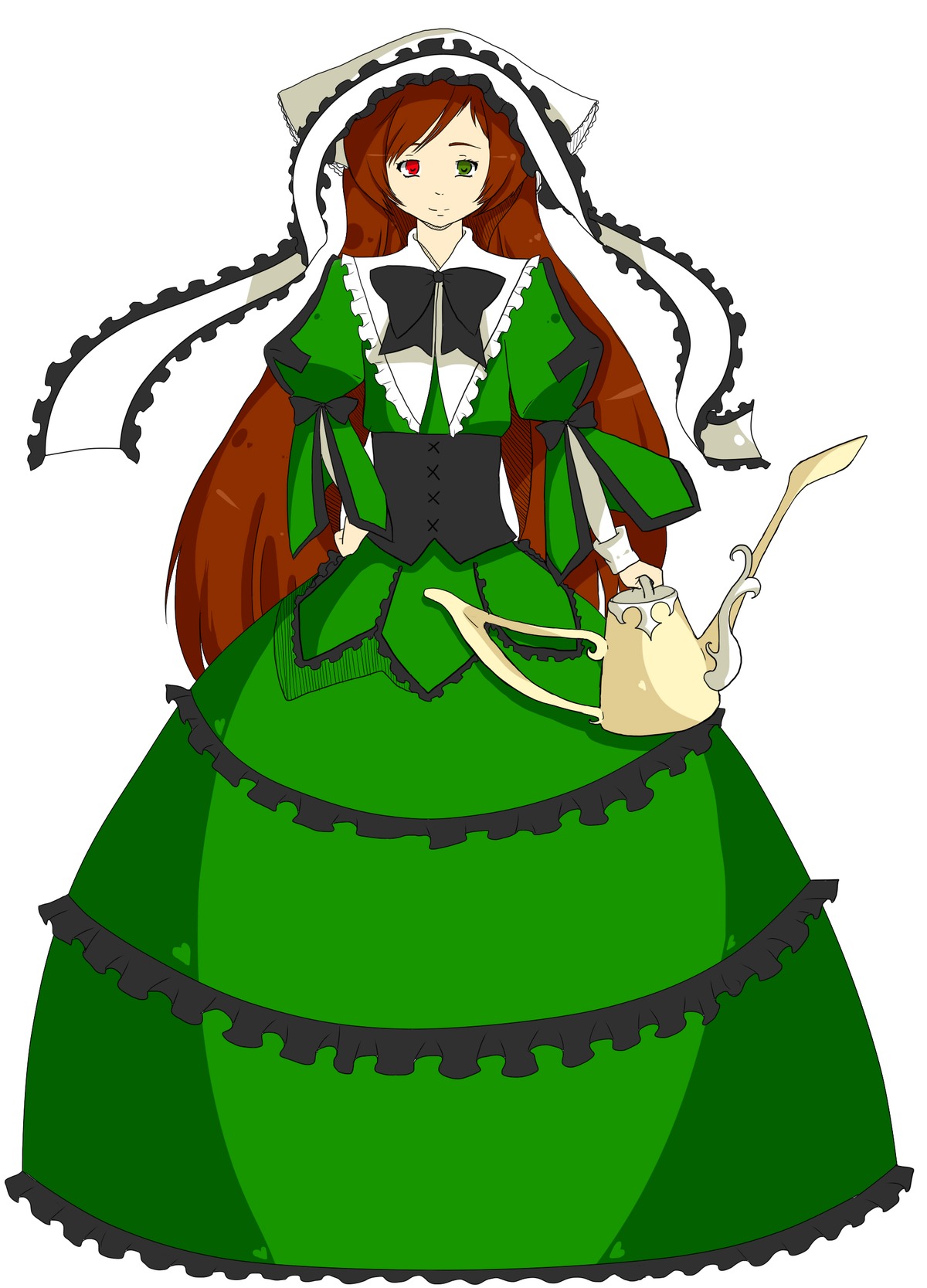 1girl auto_tagged bow brown_hair dress frills full_body green_dress green_eyes heterochromia image long_hair long_sleeves looking_at_viewer red_eyes solo standing suiseiseki twintails very_long_hair watering_can