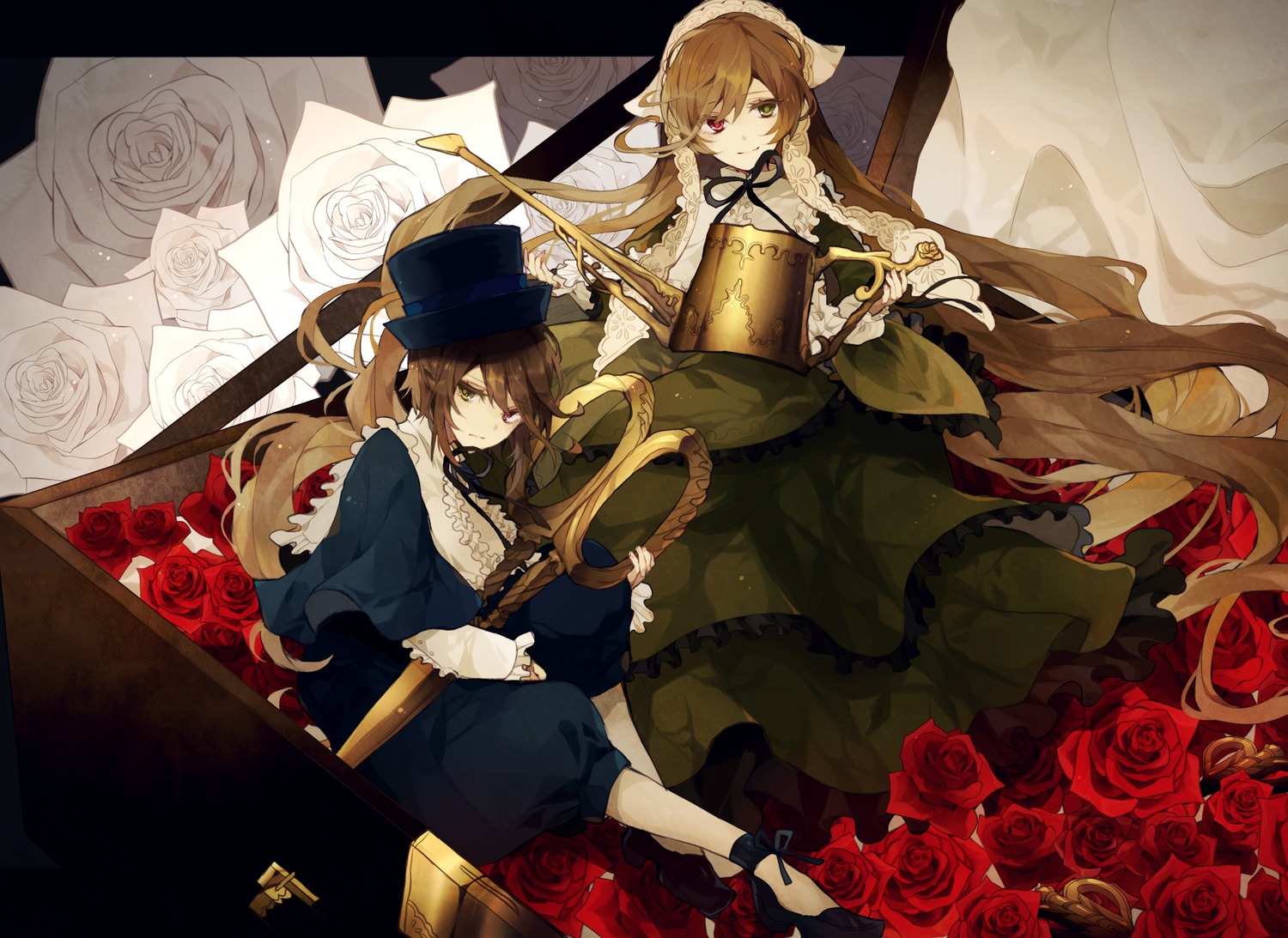 2girls blonde_hair bonnet box brown_hair commentary_request dress flower frills green_dress hat head_scarf heterochromia highres image long_hair looking_at_viewer multiple_girls pair pink_rose red_flower red_rose rose rose_petals rozen_maiden satsuki_(miicat) scissors siblings sisters sitting souseiseki suiseiseki thorns top_hat twins very_long_hair watering_can white_flower white_rose yellow_flower yellow_rose