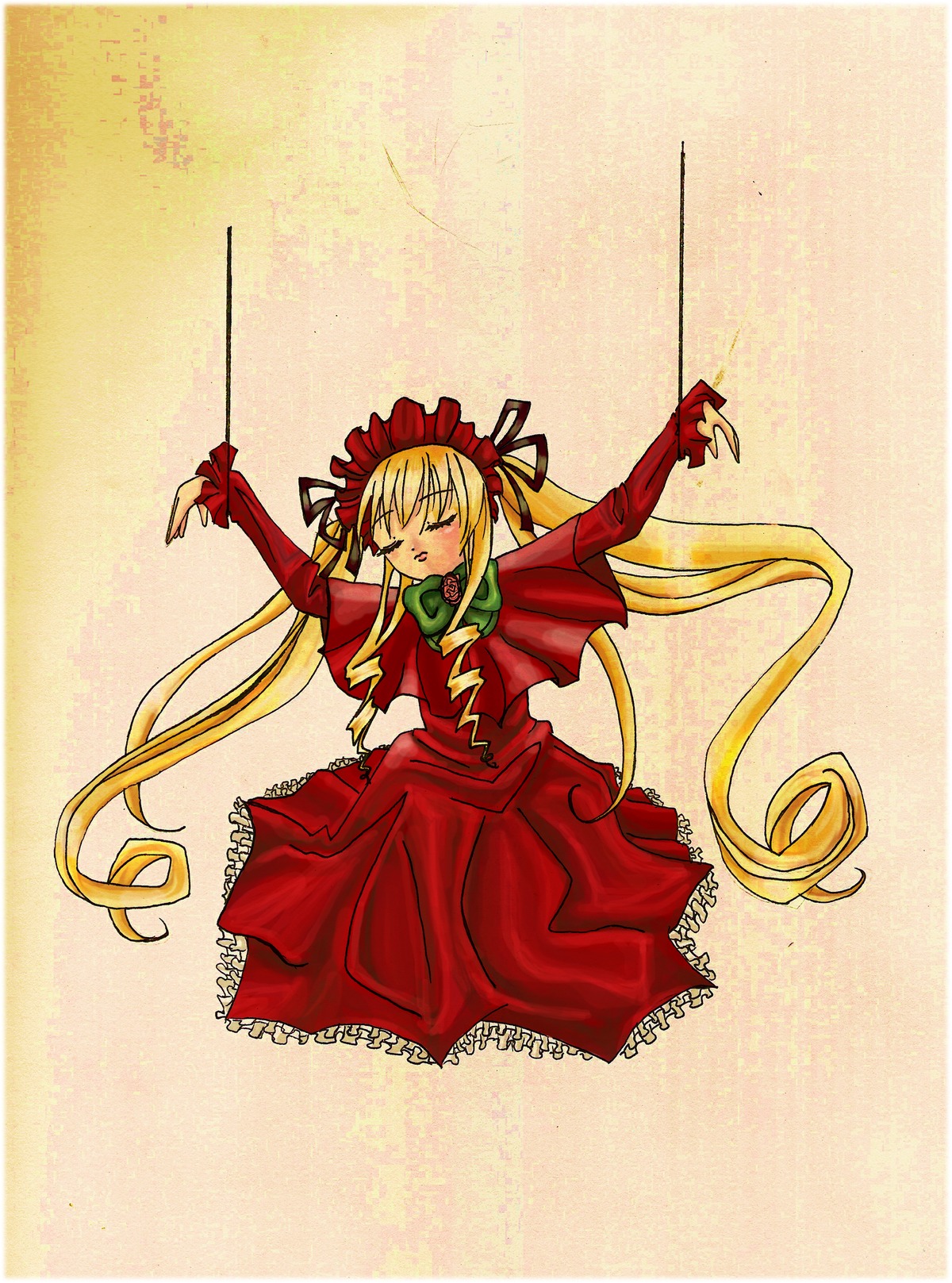 1girl blonde_hair blush bonnet bow closed_eyes dress image long_hair long_sleeves red_dress shinku solo twintails very_long_hair