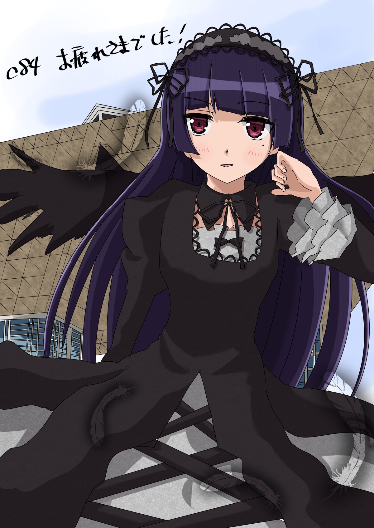 1girl auto_tagged bangs dress fence hairband image lolita_fashion long_hair long_sleeves looking_at_viewer mole red_eyes solo suigintou wings