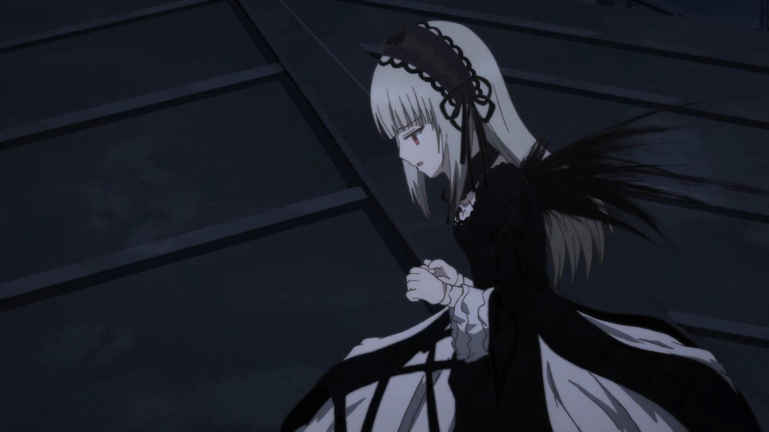 1girl black_wings dress feathered_wings flower frills hairband image indoors juliet_sleeves long_hair long_sleeves profile red_eyes rose silver_hair solo suigintou very_long_hair wings