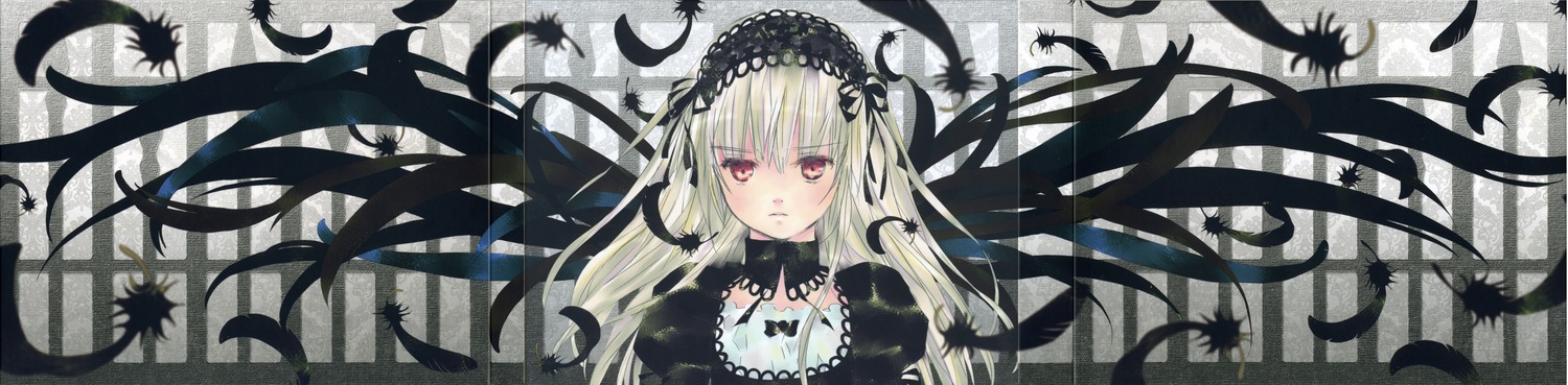1girl absurdres bangs black_dress black_ribbon black_wings dress feathered_wings feathers floating_hair flower frills gothic_lolita hairband highres image lolita_fashion lolita_hairband long_hair long_sleeves looking_at_viewer official_art peach-pit red_eyes ribbon rose rozen_maiden scan serious silver_hair solo suigintou very_long_hair wide_image wings