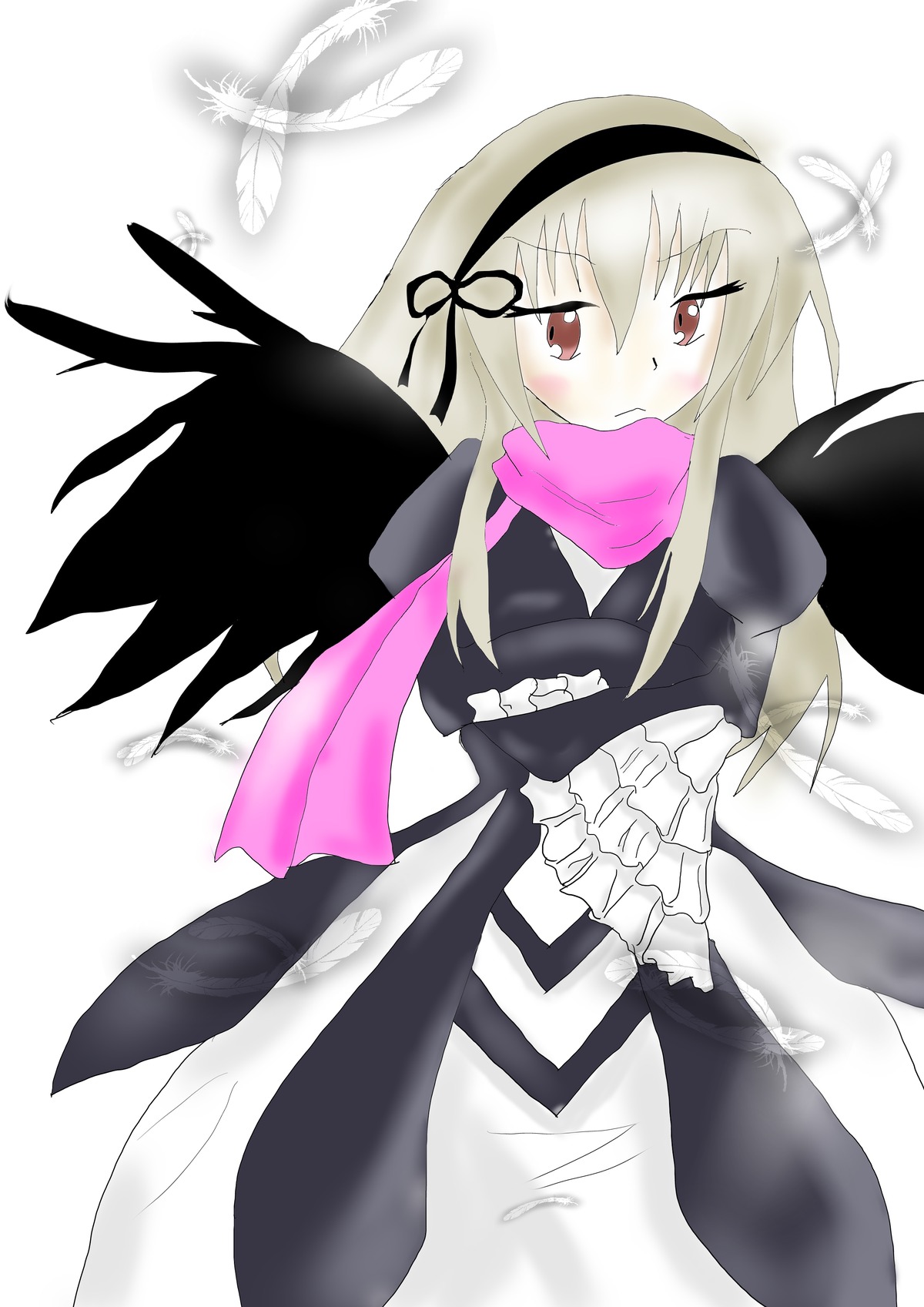 1girl bangs black_wings blush bug dress eyebrows_visible_through_hair feathered_wings feathers frills hairband image insect long_hair long_sleeves looking_at_viewer red_eyes ribbon scarf solo suigintou white_background wings