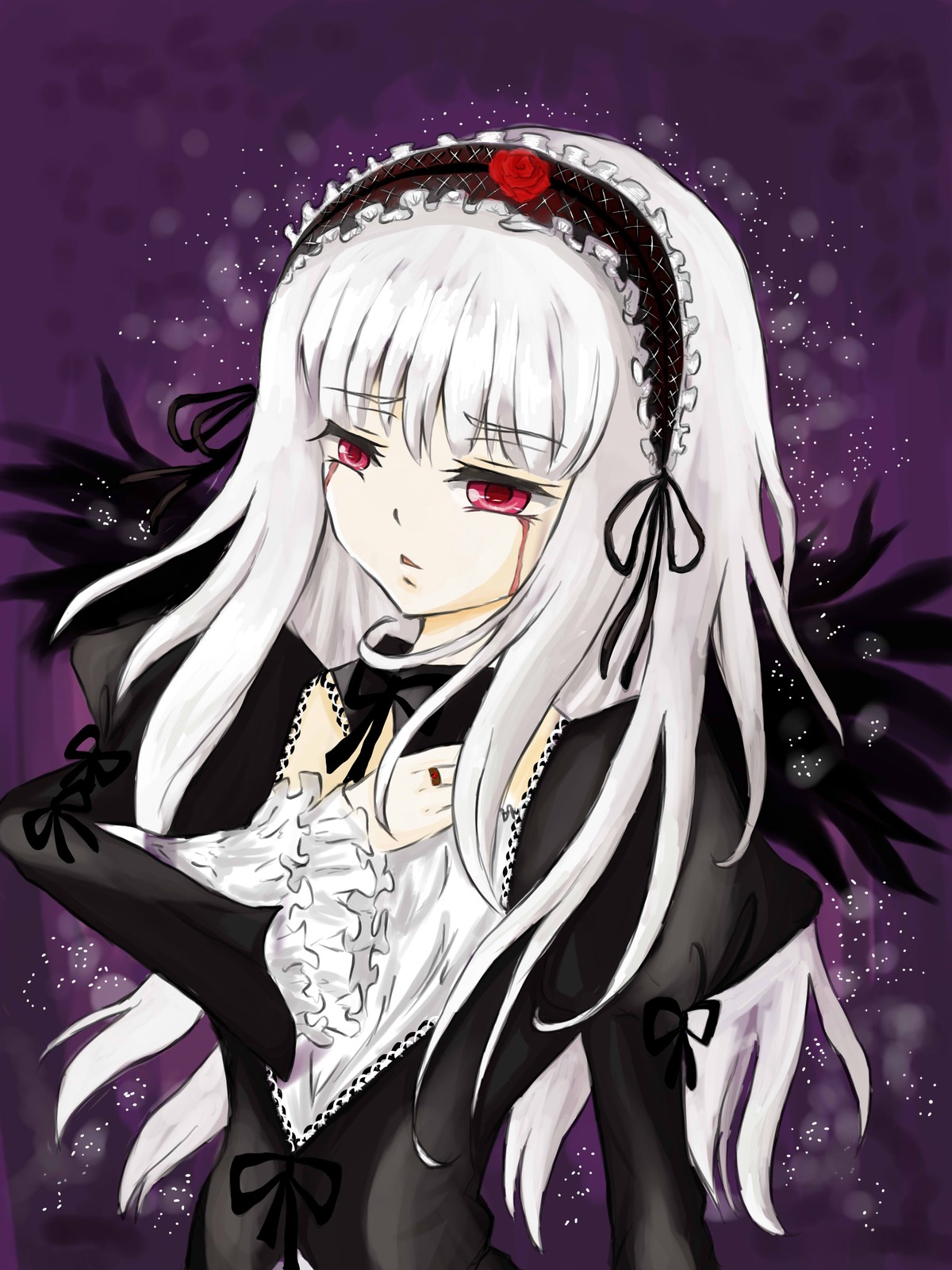 1girl black_dress black_ribbon black_wings dress feathered_wings flower frills hairband image juliet_sleeves long_hair long_sleeves looking_at_viewer night night_sky red_eyes ribbon rose silver_hair sky solo star_(sky) starry_sky suigintou tears upper_body wings