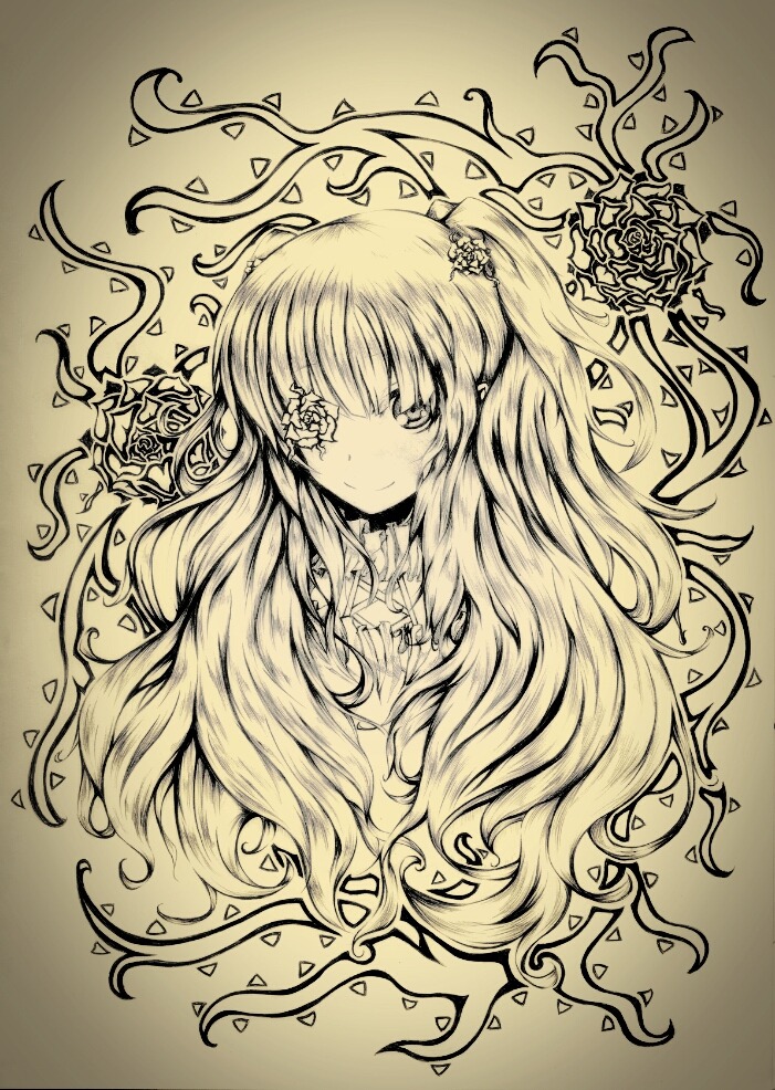 1girl flower hair_flower hair_ornament image kirakishou long_hair looking_at_viewer monochrome petals rose smile solo traditional_media vines