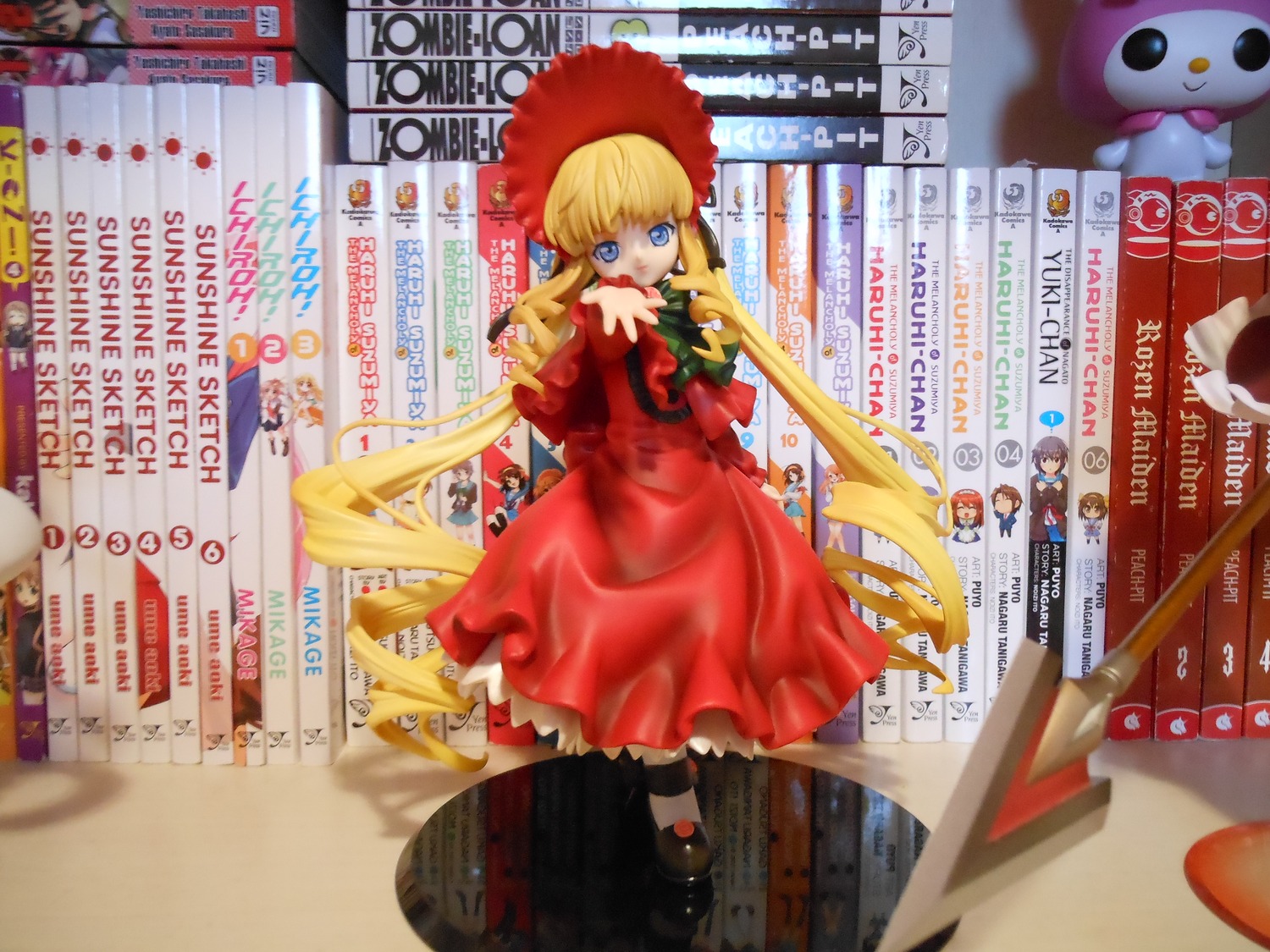 1girl blonde_hair blue_eyes bonnet calendar_(medium) doll dress drill_hair flower long_hair long_sleeves looking_at_viewer mary_janes red_dress shinku shoes solo standing