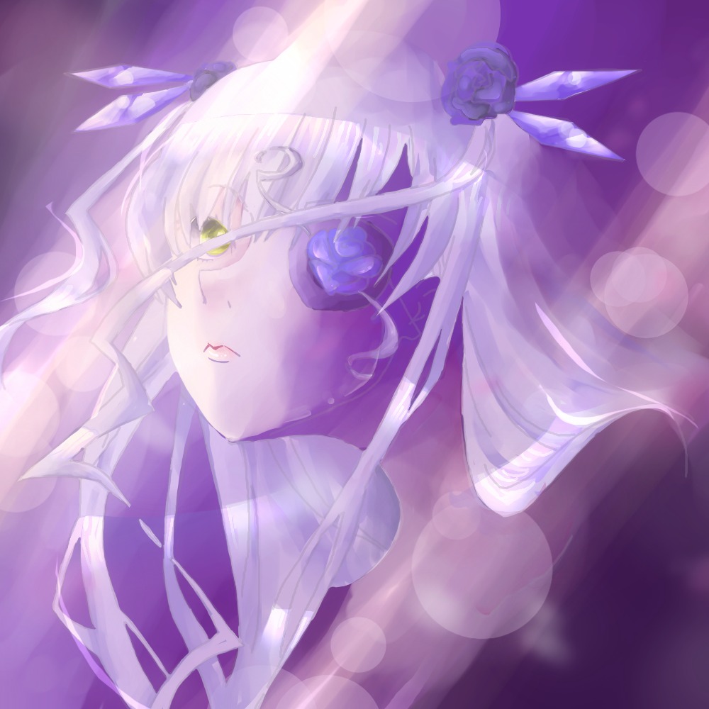 1girl bangs barasuishou blue_flower blue_rose flower green_eyes hair_flower hair_ornament image lens_flare long_hair purple_flower purple_rose purple_theme rose solo