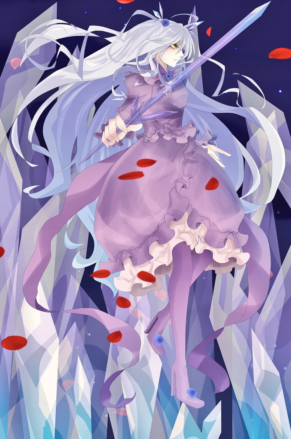 1girl barasuishou black_nails blue_nails breasts dress frills full_body image long_hair nail_polish petals rose_petals solo very_long_hair yellow_eyes