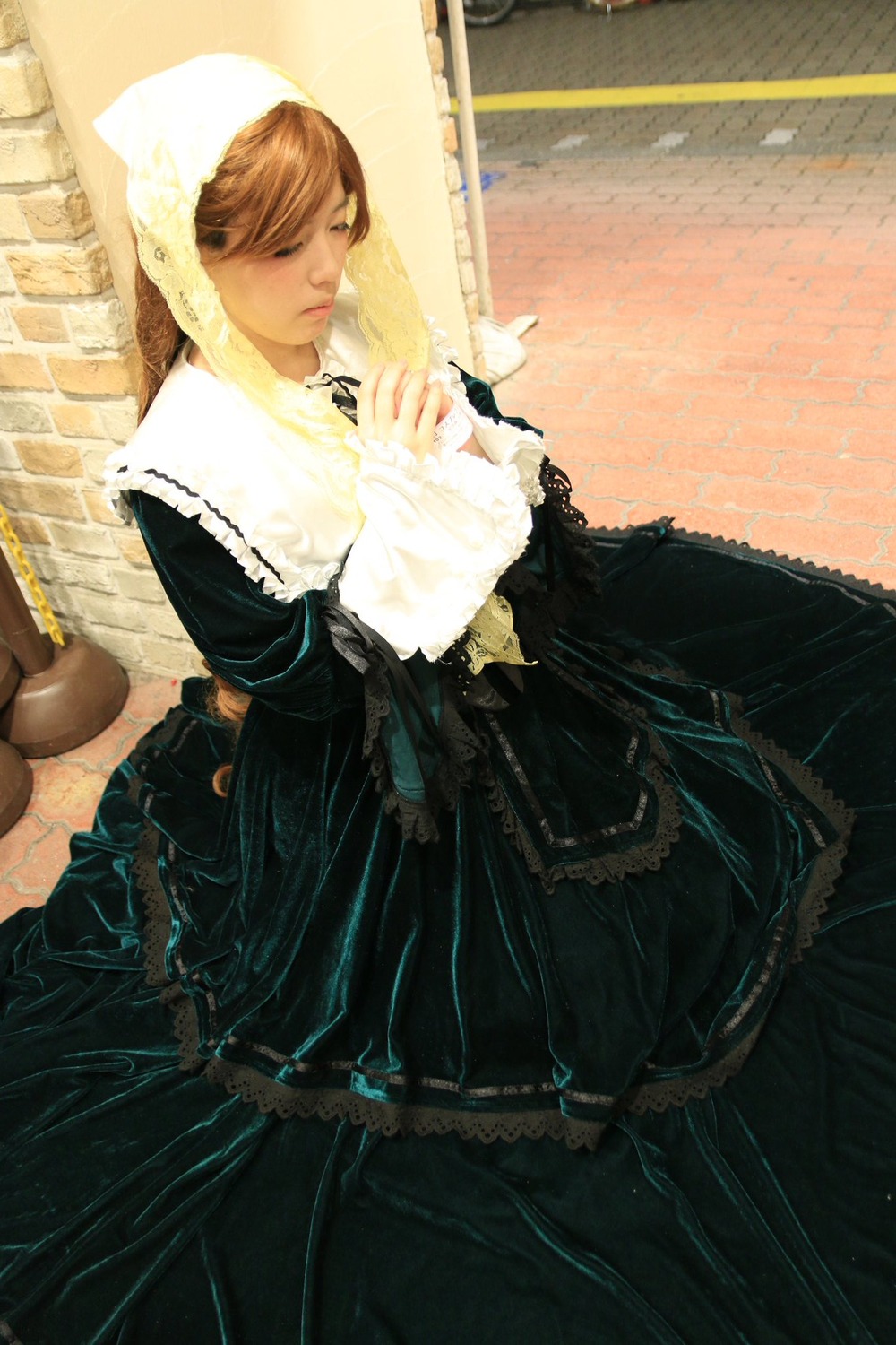 1girl black_dress blonde_hair brown_hair closed_eyes dress frills lace long_sleeves nun solo suiseiseki