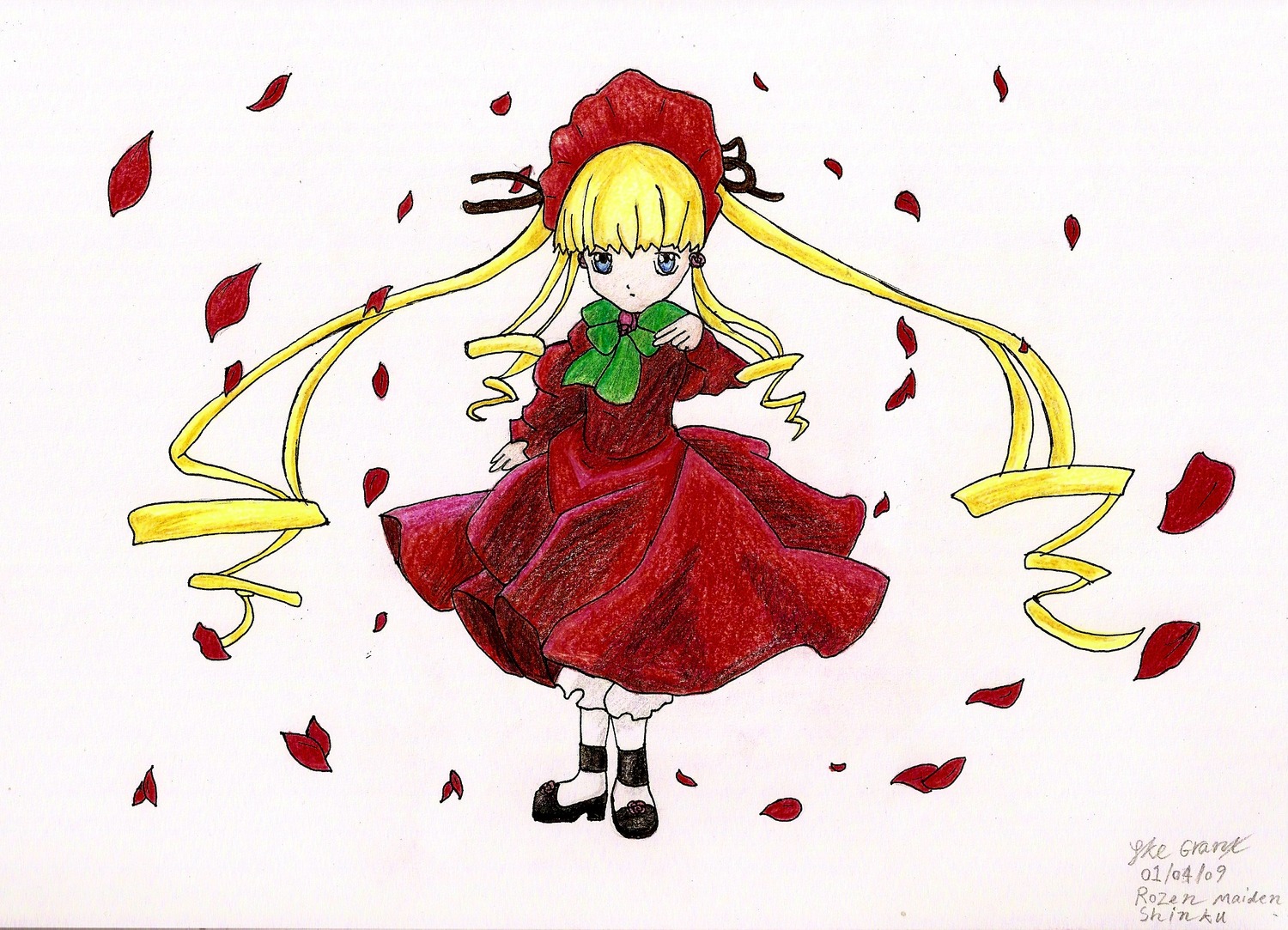 1girl auto_tagged black_footwear blonde_hair blue_eyes bonnet bow bowtie dress flower full_body green_bow green_neckwear image long_hair long_sleeves looking_at_viewer petals red_dress rose rose_petals shinku shoes solo twintails white_legwear