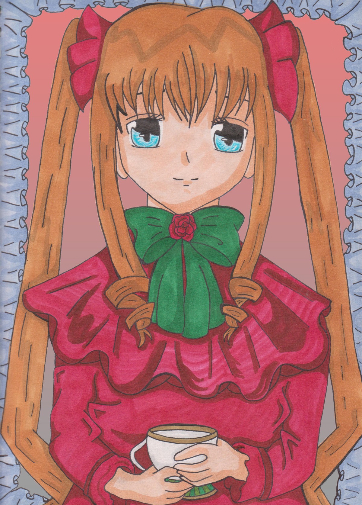 1girl bangs blue_eyes bonnet bow bowtie cup dress drill_hair flower frills green_bow holding holding_cup image long_hair long_sleeves looking_at_viewer red_dress rose shinku simple_background sitting solo teacup traditional_media twintails white_background