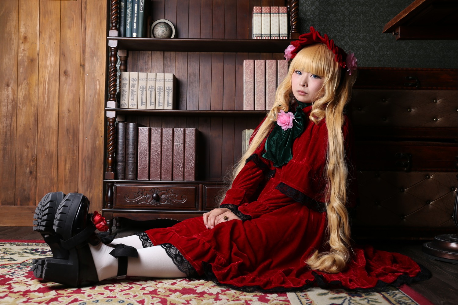 1girl bangs blonde_hair blue_eyes bonnet dress flower lips long_hair long_sleeves red_dress rose shinku sitting solo