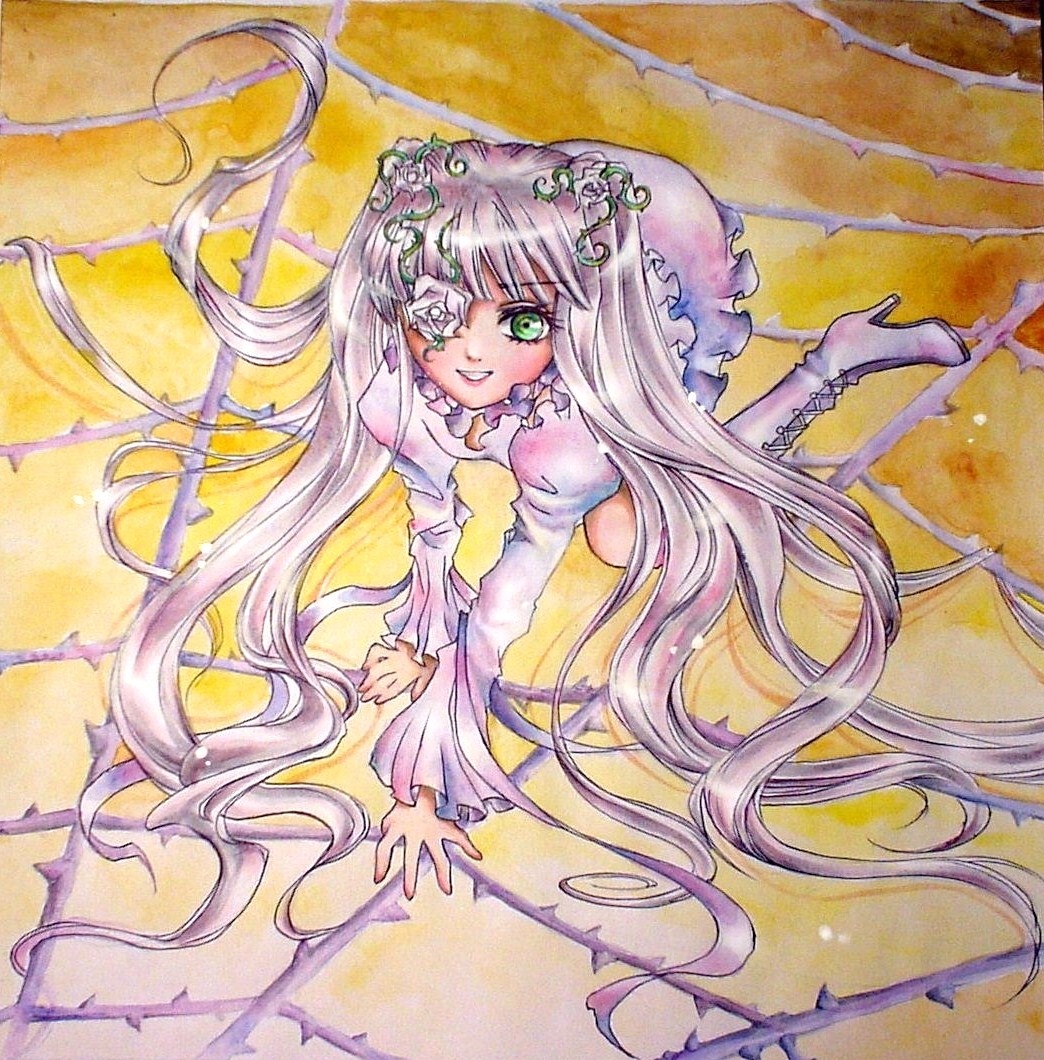 1girl boots dress flower green_eyes high_heel_boots high_heels image juliet_sleeves kirakishou long_hair long_sleeves looking_at_viewer puffy_sleeves smile solo traditional_media very_long_hair watercolor_(medium)