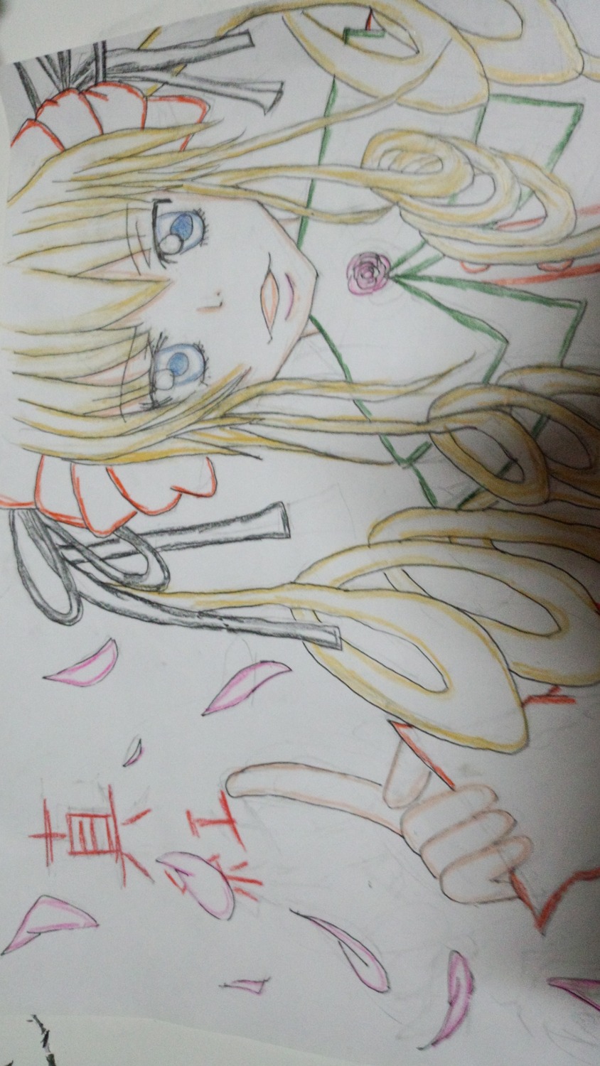1990s_(style) 1girl blonde_hair blue_eyes choker flower image long_hair petals rose rose_petals shinku solo traditional_media