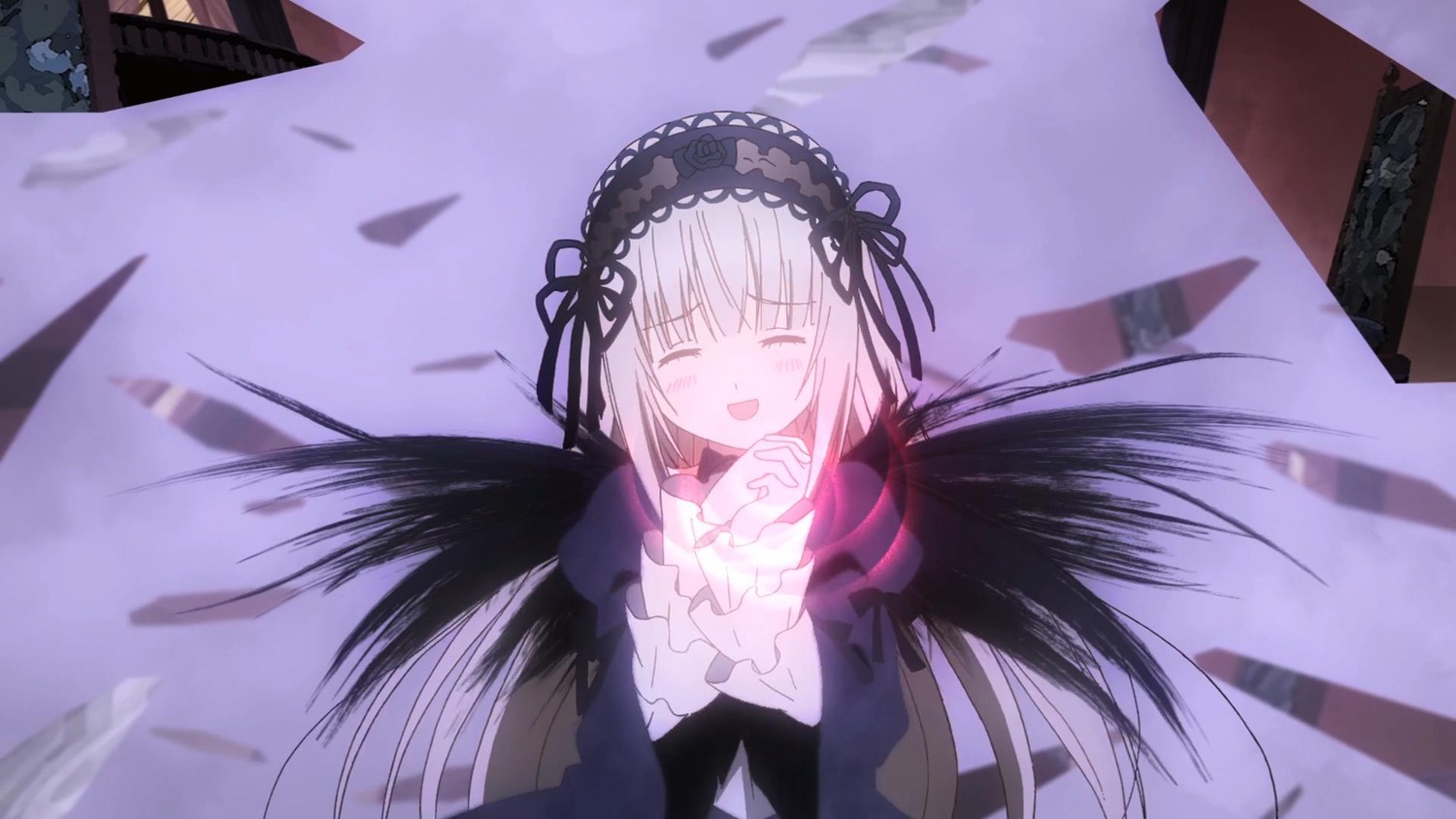 1girl :d black_dress black_ribbon black_wings building closed_eyes dress facing_viewer frills hairband image long_hair long_sleeves open_mouth outdoors ribbon silver_hair sky smile solo suigintou very_long_hair wings