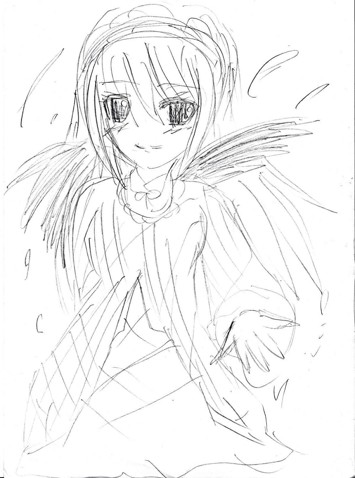 1girl angel angel_wings blush feathered_wings feathers greyscale image long_sleeves looking_at_viewer monochrome simple_background sketch smile solo suigintou white_background white_wings wings