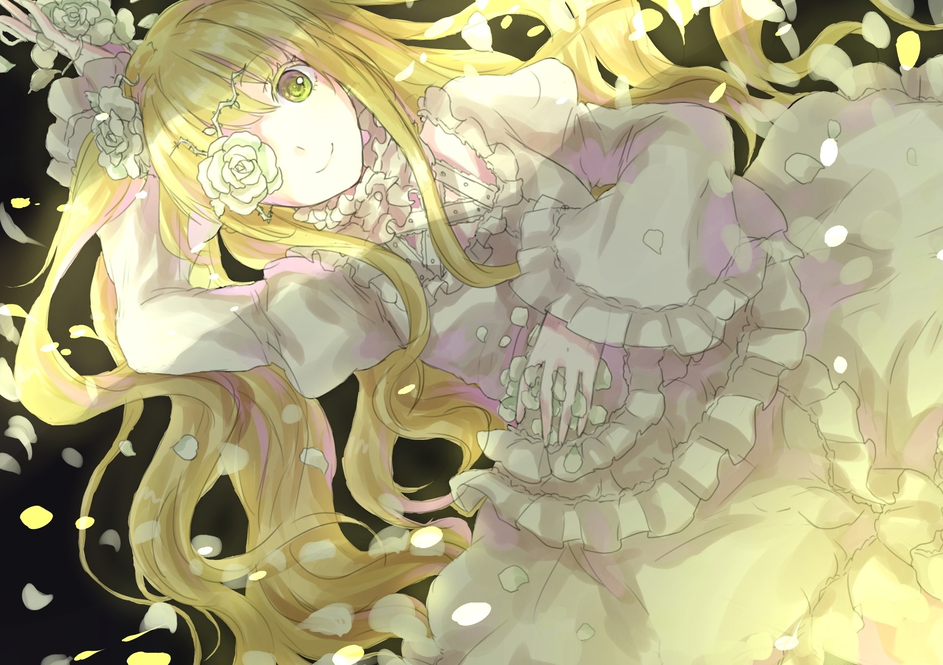 1girl blonde_hair dress flower frills green_eyes hair_flower hair_ornament image kirakishou long_hair long_sleeves petals puffy_sleeves rose smile solo too_many wide_sleeves