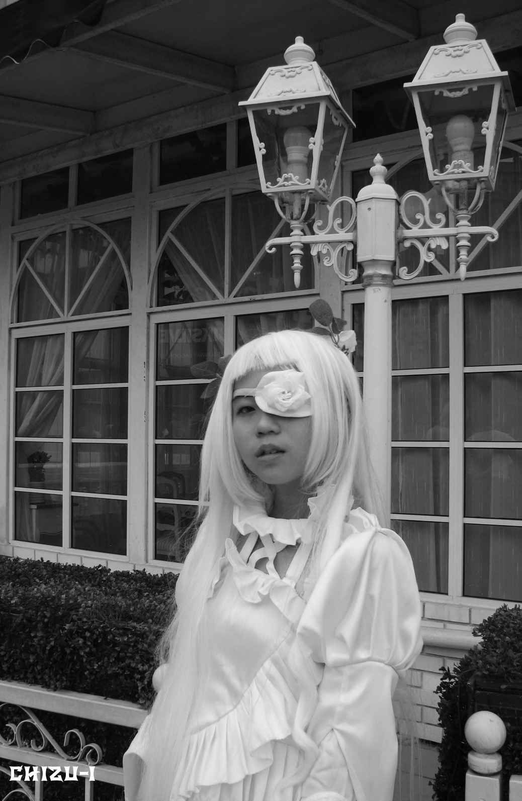 1girl blindfold dress greyscale indoors kirakishou long_hair monochrome solo window