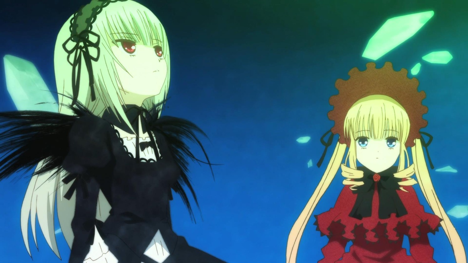 2girls black_wings blonde_hair blue_eyes dress frills hairband image long_hair long_sleeves looking_at_viewer multiple_girls pair red_eyes shinku suigintou very_long_hair wings