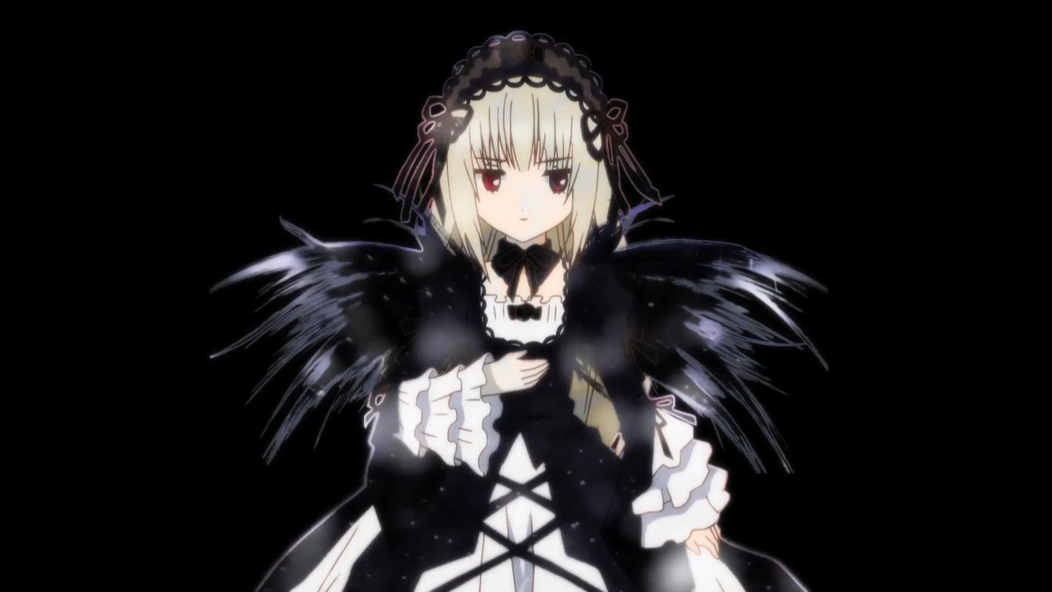 1girl black_background black_ribbon black_wings dress frills hairband image lolita_hairband long_sleeves looking_at_viewer red_eyes ribbon simple_background solo suigintou wings