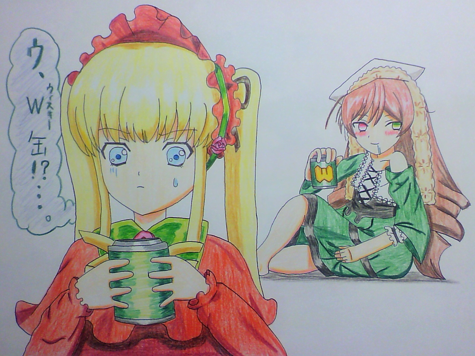 2girls blonde_hair blue_eyes bonnet dress eating food green_dress heterochromia holding image long_hair long_sleeves multiple_girls pair shinku sitting suiseiseki traditional_media twintails