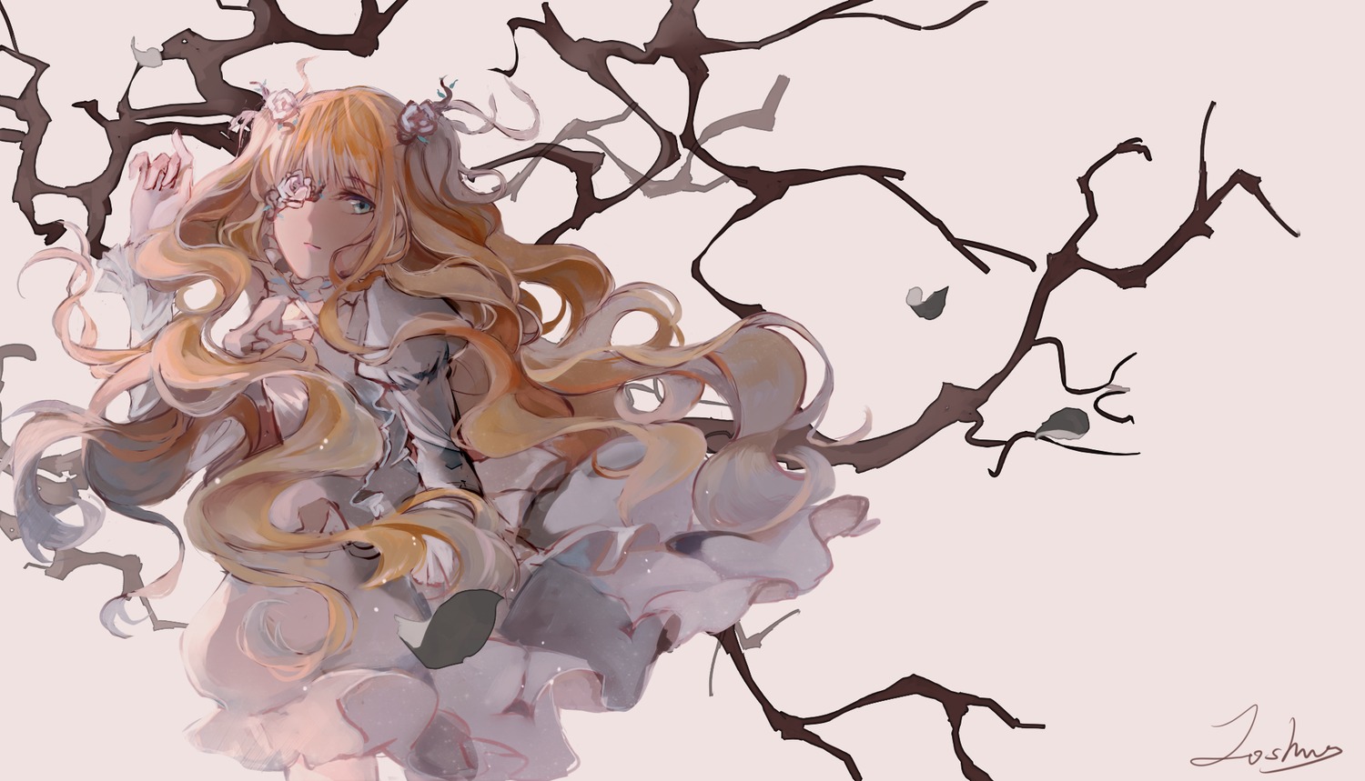 1girl bare_tree blonde_hair blue_eyes dress flower hair_flower hair_ornament image kirakishou long_hair signature solo striped tree very_long_hair wavy_hair