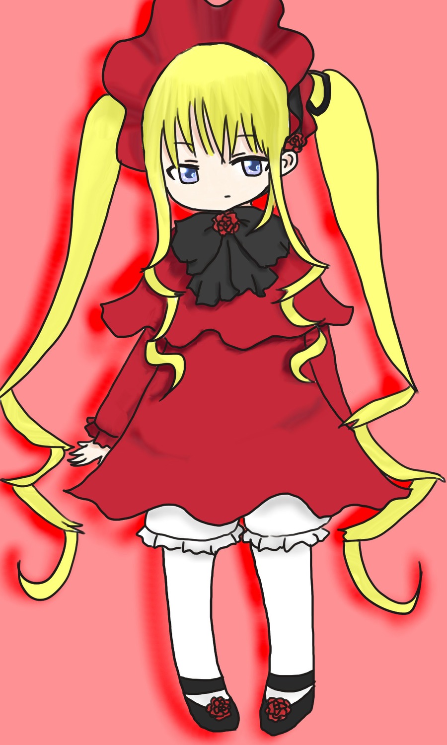 1girl blonde_hair bloomers blue_eyes bonnet bow bowtie dress frills full_body image long_hair long_sleeves looking_at_viewer red_dress shinku shoes simple_background solo standing twintails very_long_hair white_legwear
