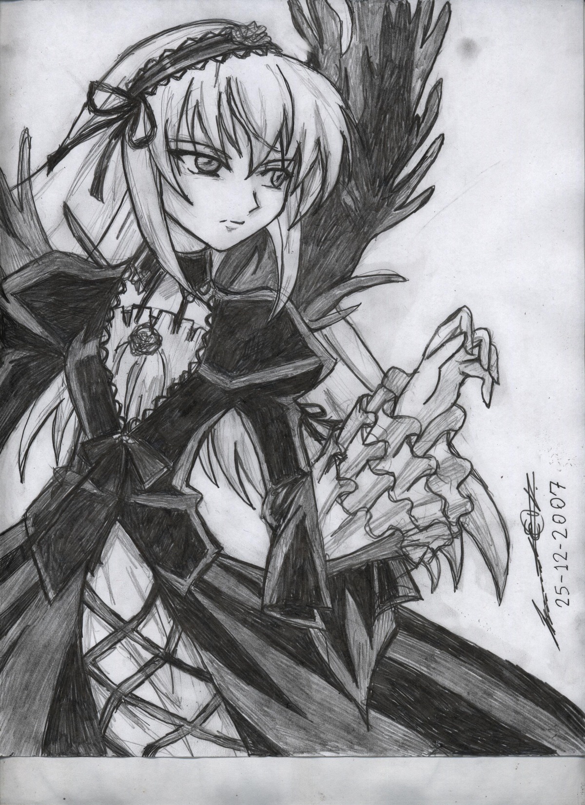 1girl auto_tagged black_wings dress frilled_sleeves frills greyscale hairband image long_hair long_sleeves looking_at_viewer monochrome ribbon rose signature simple_background solo suigintou traditional_media very_long_hair wings