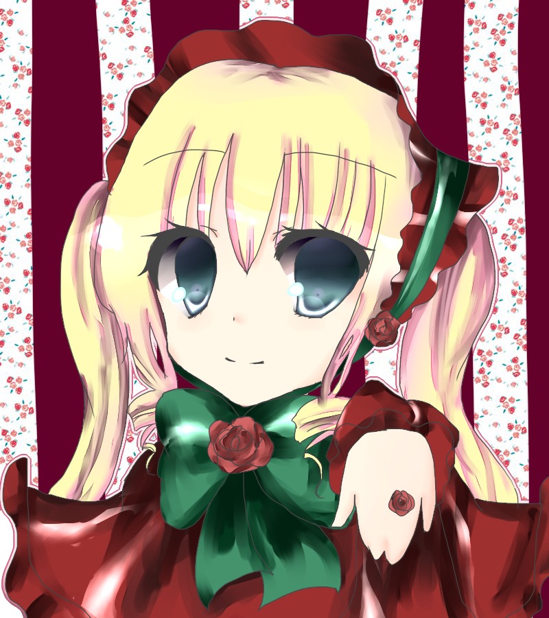 1girl blonde_hair blue_eyes bow bowtie cup dress flower green_bow image long_hair looking_at_viewer red_flower red_rose rose shinku smile solo twintails