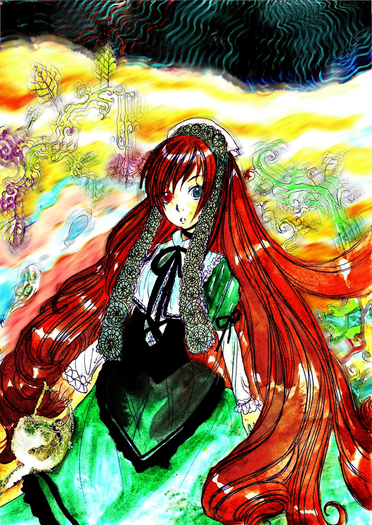 1girl black_neckwear black_ribbon blue_eyes bow braid dress fire frills hat hong_meiling image long_hair long_sleeves looking_at_viewer neck_ribbon red_eyes red_hair solo suiseiseki traditional_media very_long_hair