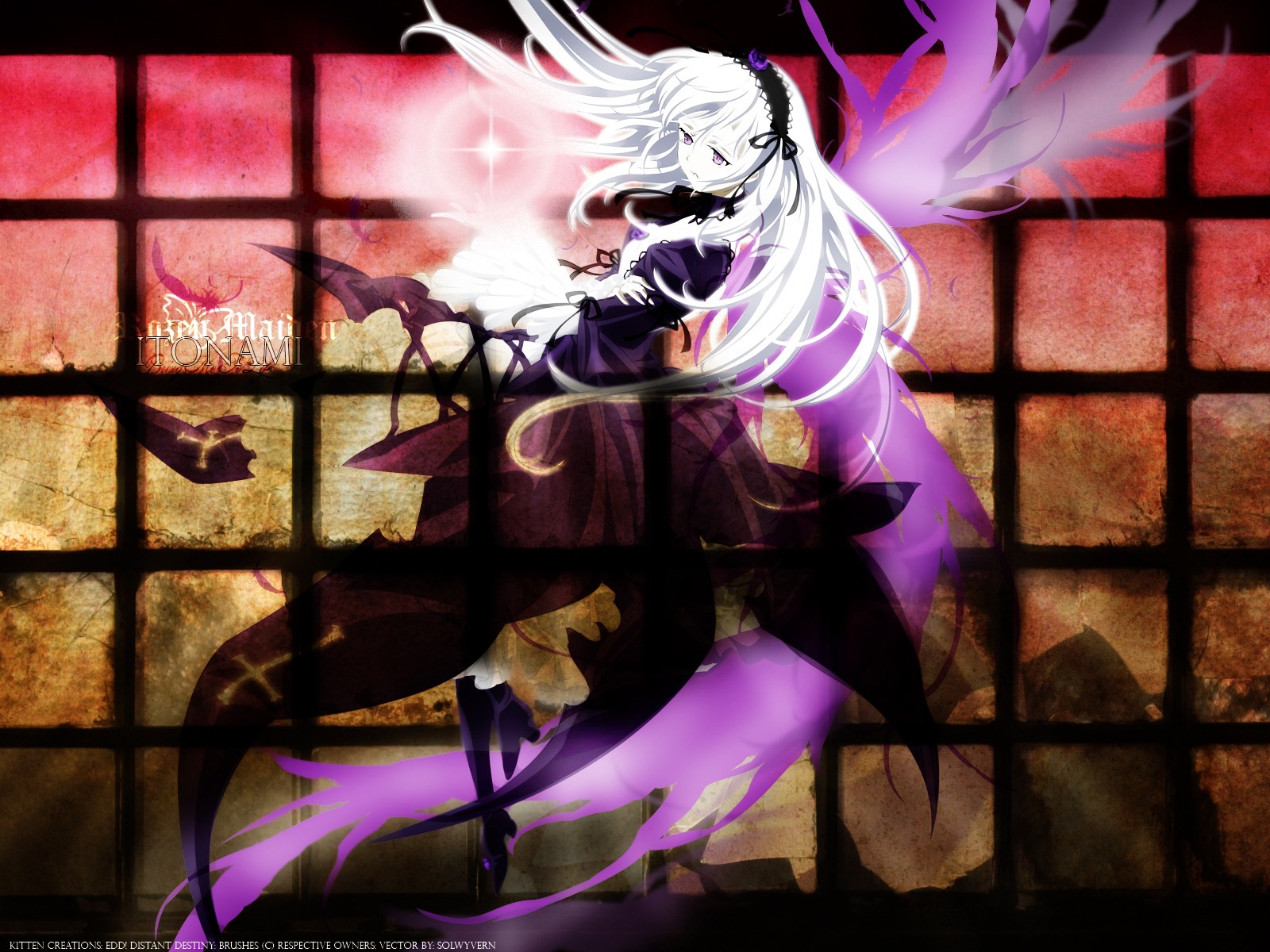 1girl black_wings copyright_name dress flower frilled_sleeves frills hairband image long_hair long_sleeves pink_eyes rose silver_hair solo suigintou very_long_hair white_hair wings