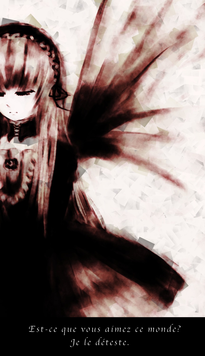 1girl bangs black_dress black_wings closed_mouth dress feathered_wings flower frills hairband image long_hair long_sleeves monochrome ribbon rose solo suigintou very_long_hair wings