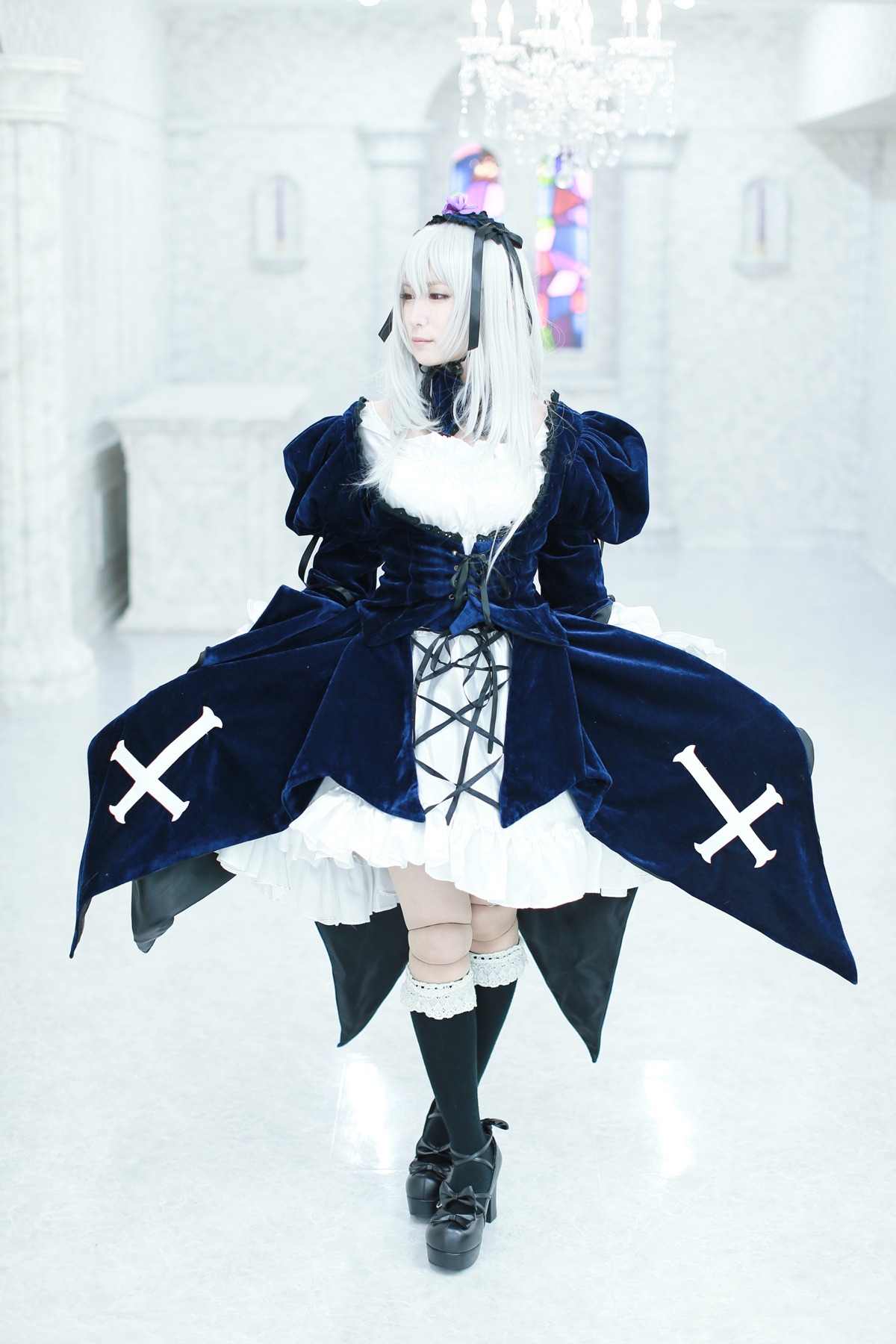 1girl boots closed_eyes dress frills long_hair long_sleeves solo standing suigintou white_hair