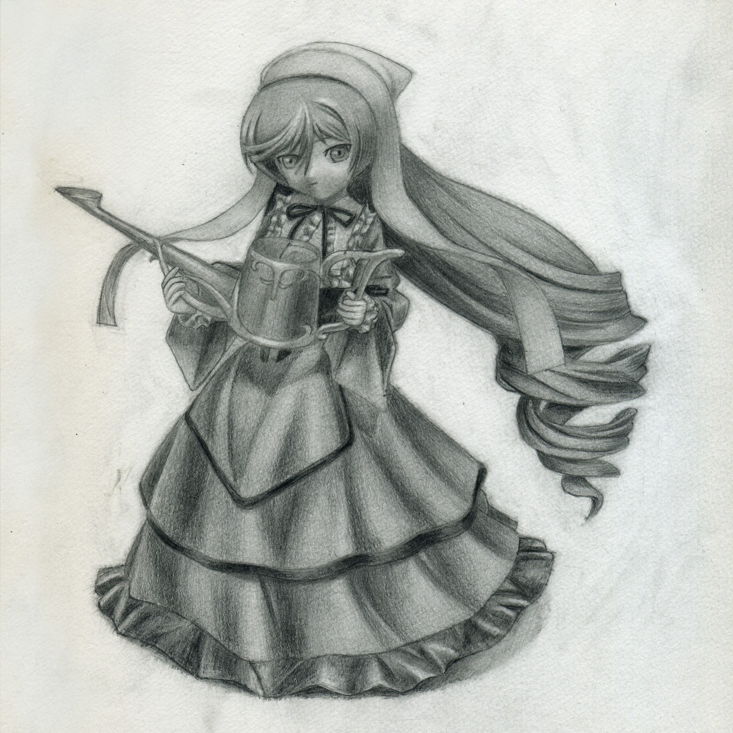 1girl dress drill_hair full_body greyscale hat holding image instrument long_hair long_sleeves monochrome neck_ribbon playing_instrument solo suiseiseki traditional_media twin_drills very_long_hair