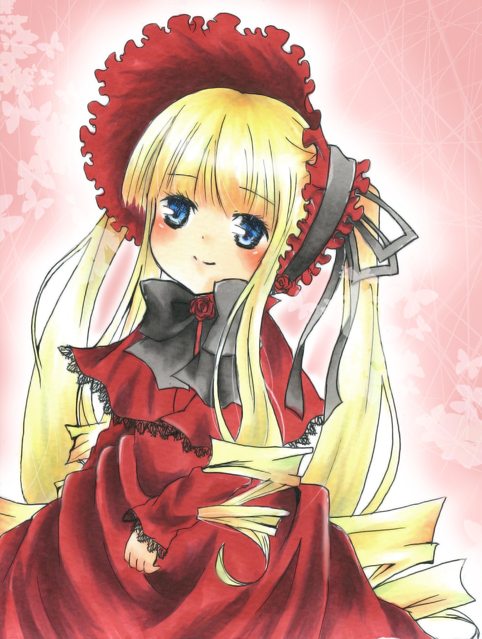 1girl blonde_hair blue_eyes blush bonnet bow bowtie cowboy_shot dress drill_hair image long_hair long_sleeves looking_at_viewer pink_background red_dress shinku sidelocks smile solo twin_drills twintails very_long_hair