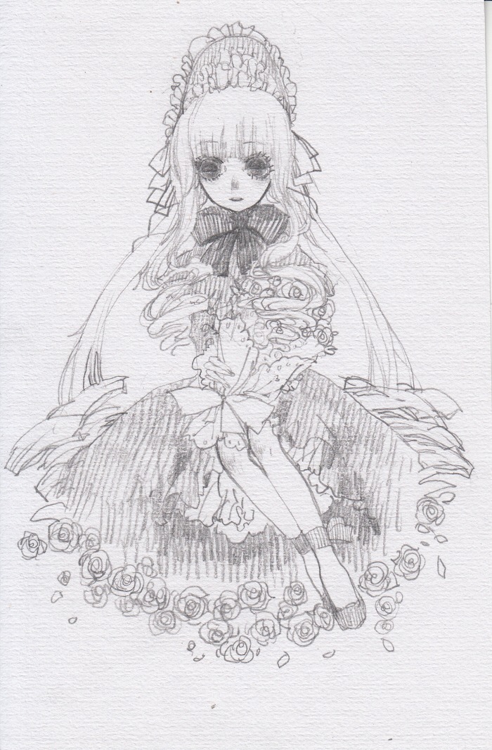 1girl bonnet dress flower frills greyscale image long_hair looking_at_viewer monochrome rose shinku solo suigintou traditional_media wings