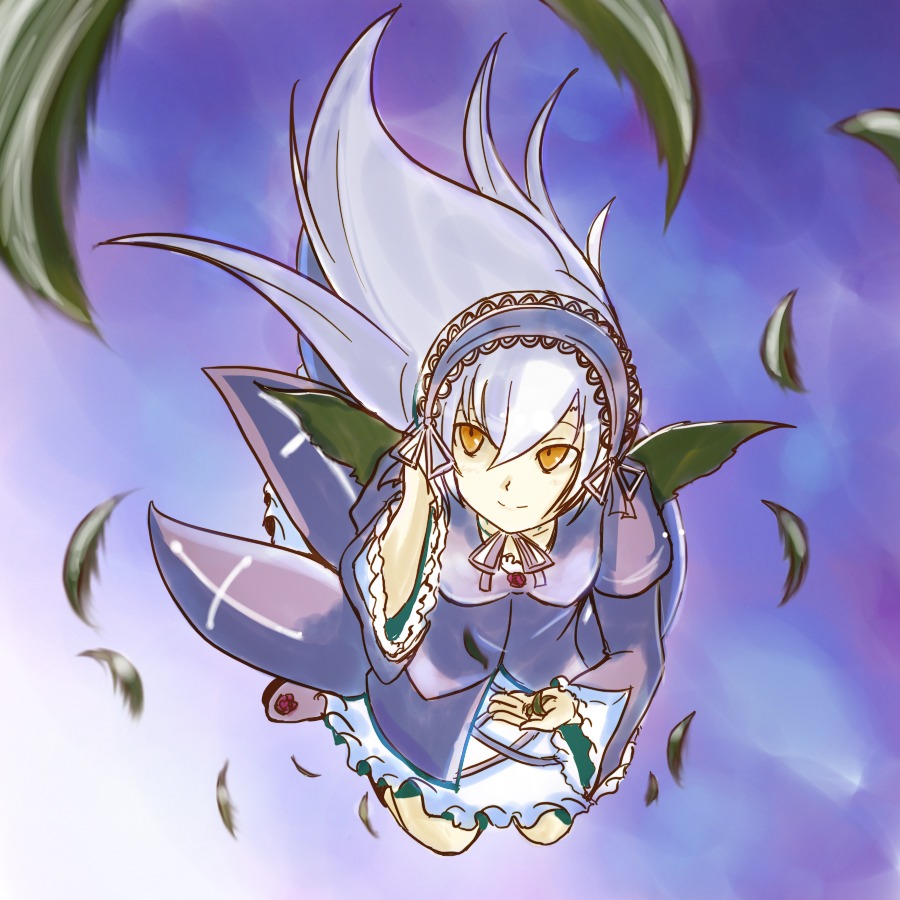 1girl autumn_leaves dress falling_leaves feathers floating_hair frills from_above hairband image leaf long_hair long_sleeves looking_at_viewer maple_leaf plant ribbon silver_hair solo suigintou wind wings yellow_eyes