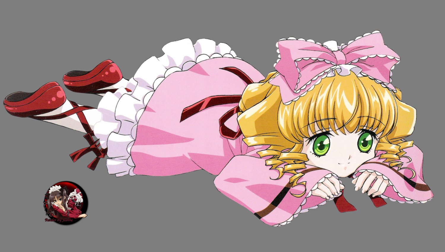 1girl blonde_hair bow dress drill_hair frills full_body green_eyes hair_bow hina_ichigo hinaichigo image long_sleeves looking_at_viewer lying pink_bow pink_dress pink_footwear red_footwear ribbon shoes short_hair smile solo striped