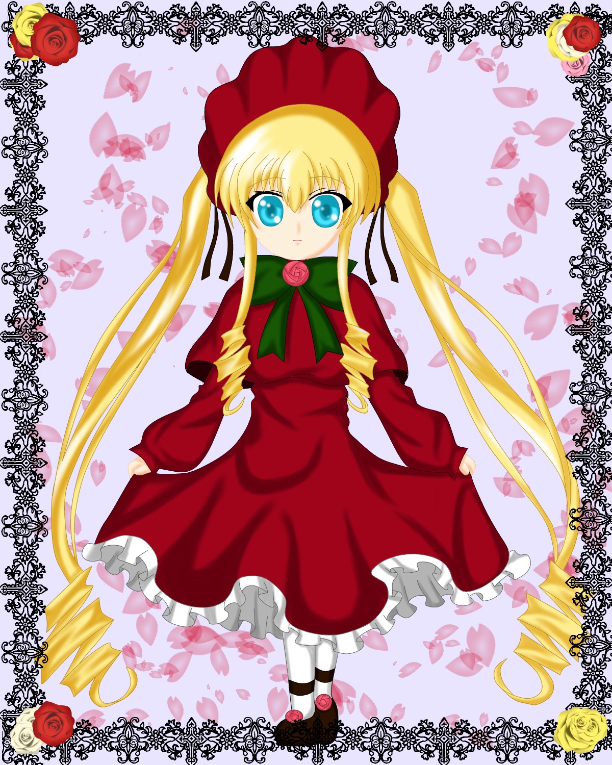 1girl blonde_hair blue_eyes bonnet bow bowtie dress flower full_body green_bow hat image long_hair long_sleeves looking_at_viewer pantyhose petals pink_rose red_dress rose rose_petals shinku shoes sidelocks solo twintails white_legwear