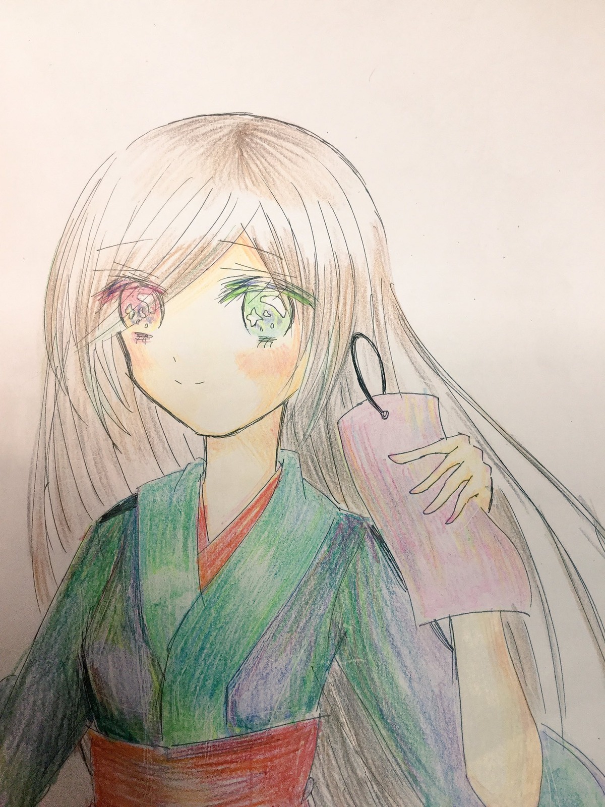 1girl closed_mouth eyebrows_visible_through_hair green_kimono holding image japanese_clothes kimono long_hair looking_at_viewer marker_(medium) obi sash smile solo suiseiseki traditional_media upper_body watercolor_(medium) watercolor_pencil_(medium)