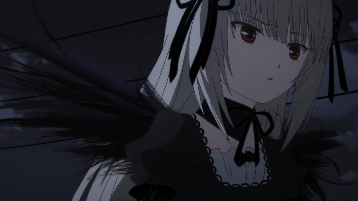 1girl bangs black_ribbon black_wings detached_collar dress eyebrows_visible_through_hair frills hair_ribbon image long_hair long_sleeves puffy_sleeves red_eyes ribbon silver_hair solo suigintou upper_body wings