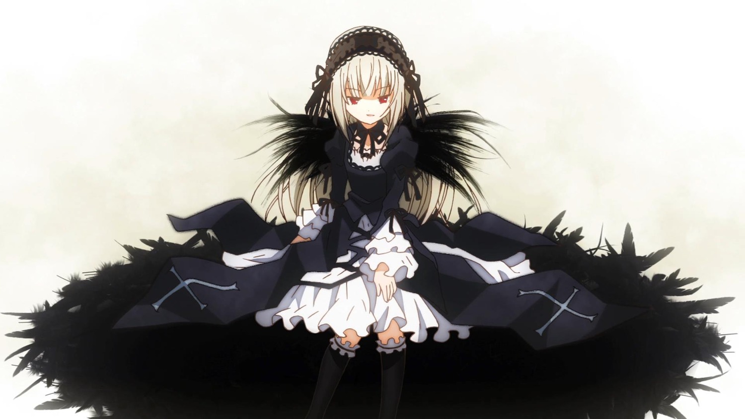 1girl auto_tagged black_wings dress frills hairband image long_hair long_sleeves looking_at_viewer red_eyes ribbon rose silver_hair solo suigintou wings