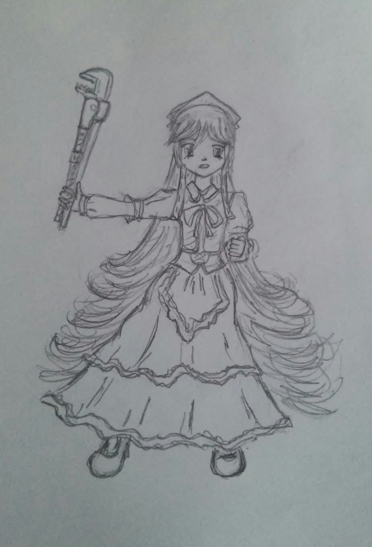 1girl akemi_homura dress full_body gun hat image long_hair long_sleeves monochrome sketch solo suiseiseki traditional_media very_long_hair weapon