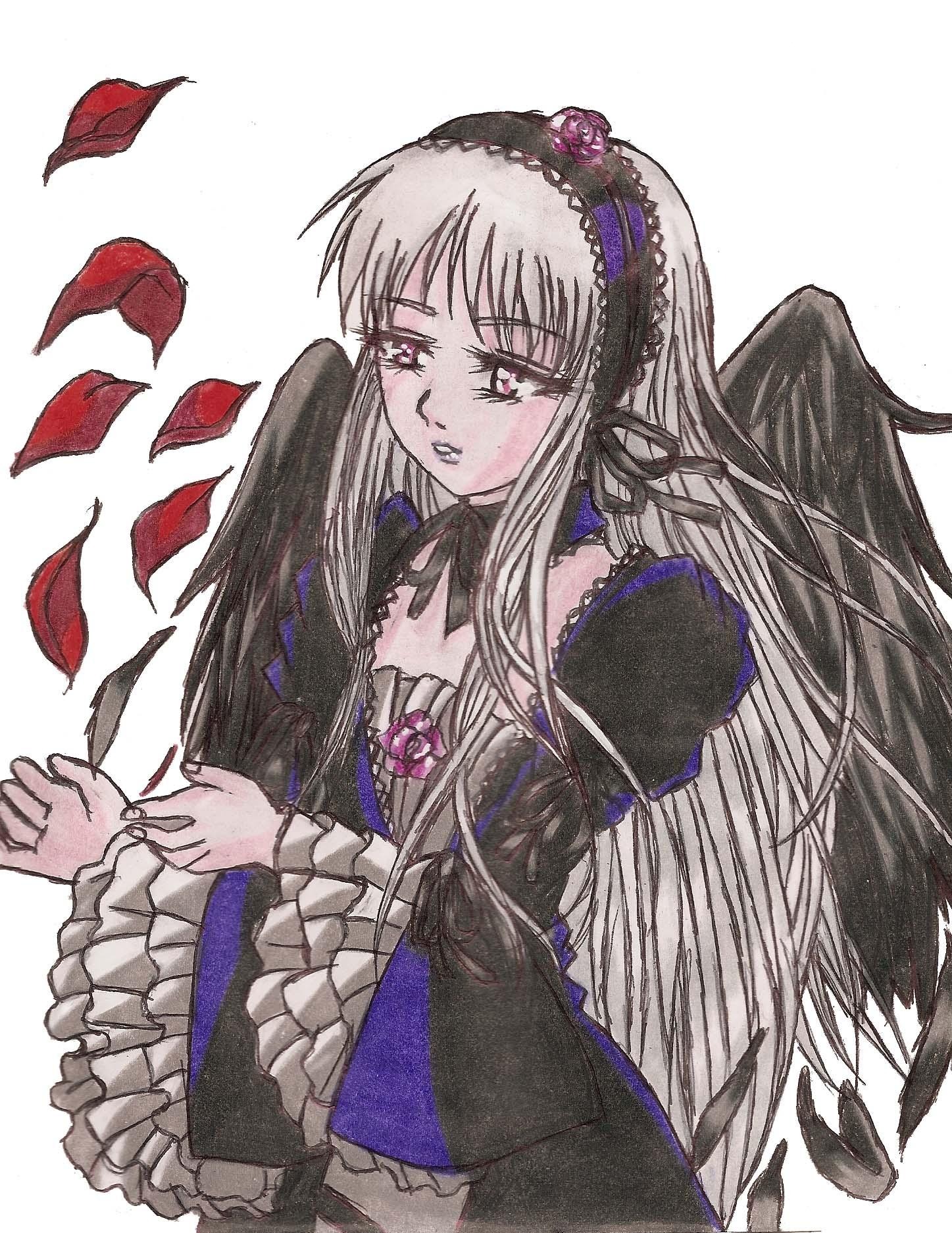 1girl black_wings blush detached_collar dress feathered_wings feathers flower frilled_sleeves frills hairband image long_hair long_sleeves petals pink_eyes silver_hair simple_background solo suigintou traditional_media white_background wings