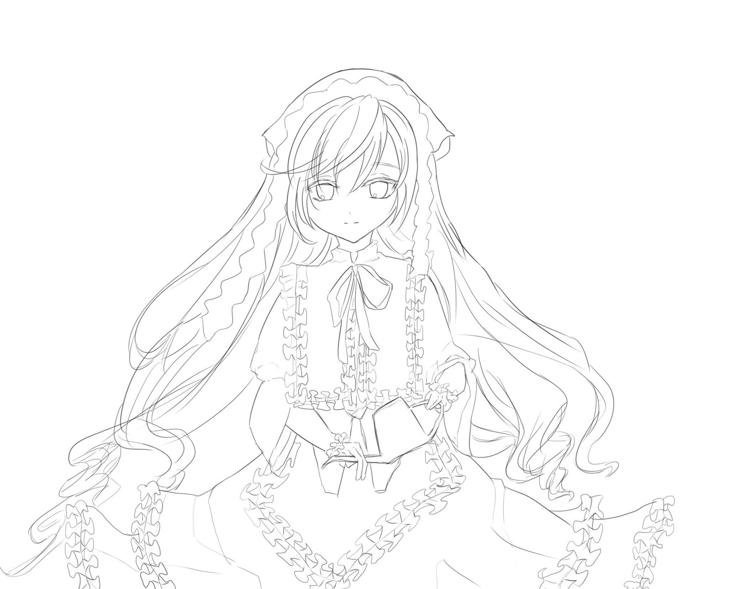 1girl dress eyebrows_visible_through_hair frills greyscale holding image long_hair looking_at_viewer monochrome neck_ribbon ribbon solo striped suiseiseki vertical-striped_dress vertical_stripes very_long_hair