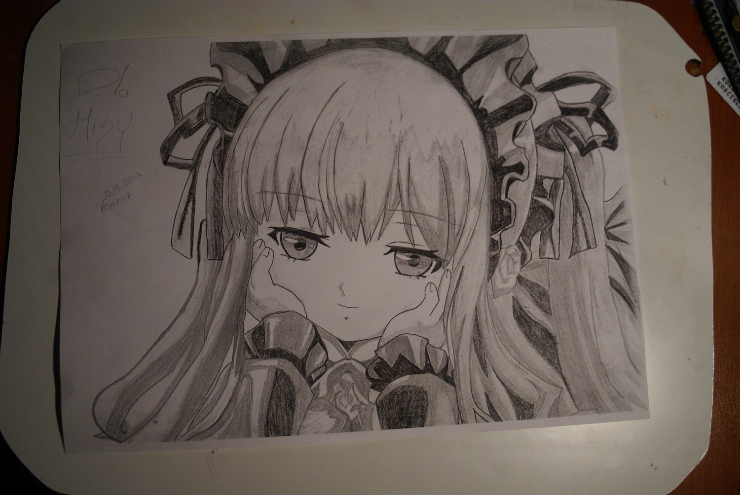 1girl closed_mouth eyebrows_visible_through_hair frills greyscale hands_on_own_face image long_hair long_sleeves looking_at_viewer monochrome photo shinku smile solo traditional_media virtual_youtuber