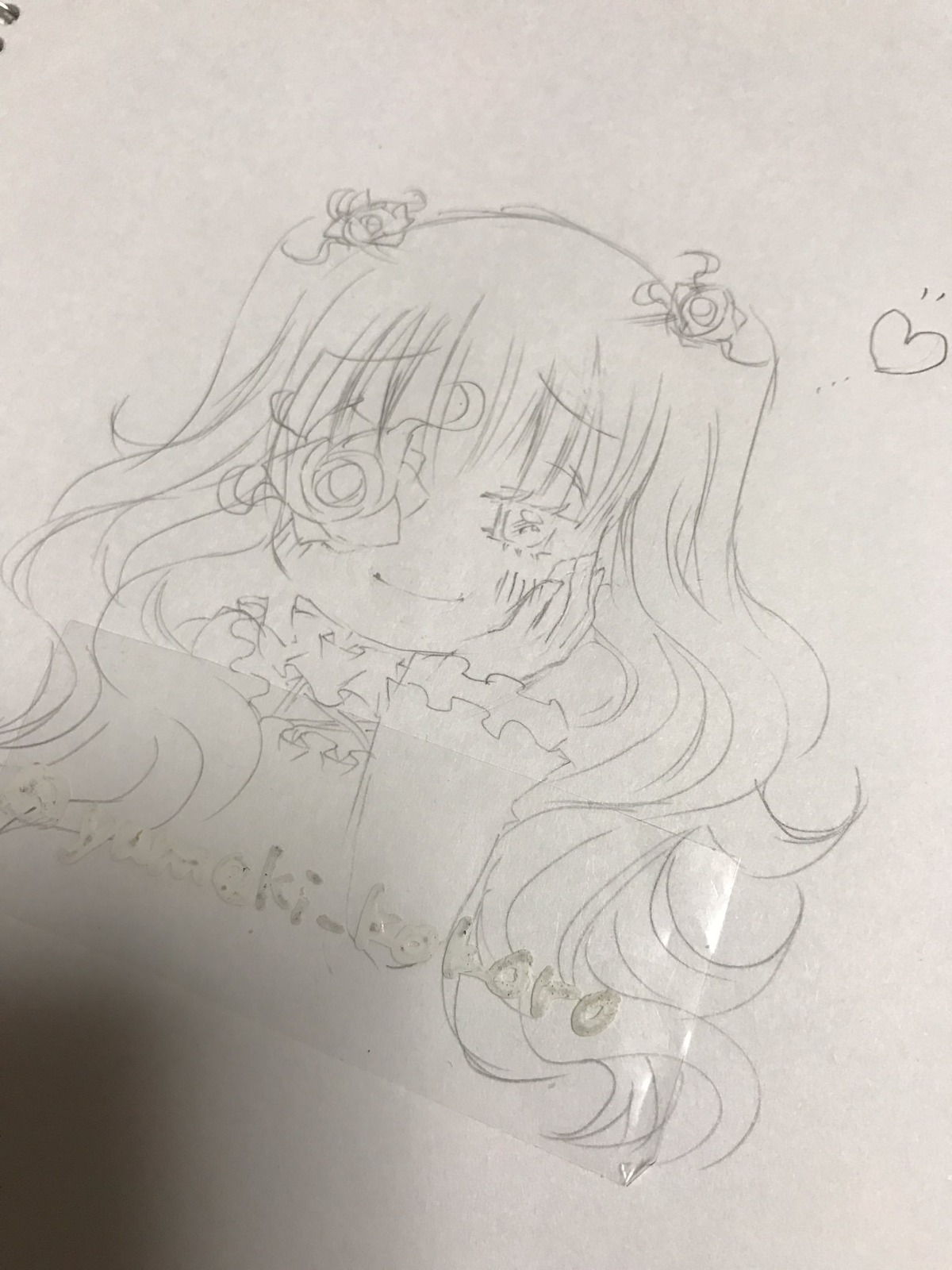 1girl frills graphite_(medium) greyscale hair_ornament heart image kirakishou long_hair looking_at_viewer monochrome photo sketch smile solo traditional_media