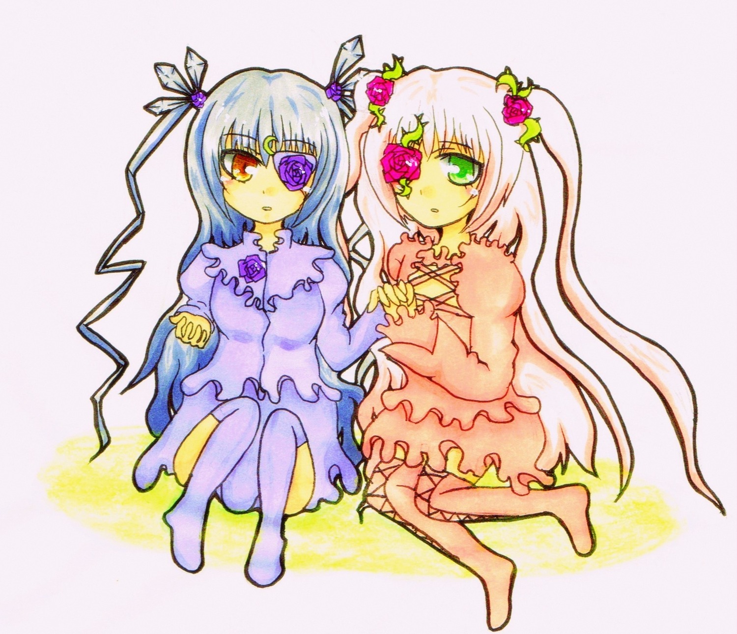 2girls barasuishou dress eyepatch flower green_eyes holding_hands image kirakishou long_hair multiple_girls pair red_eyes rose traditional_media very_long_hair