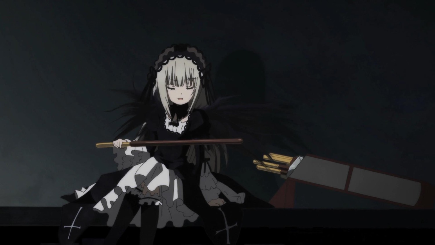 1girl black_dress black_legwear closed_eyes cross dress frills gun hairband holding image long_hair long_sleeves silver_hair sitting solo suigintou weapon