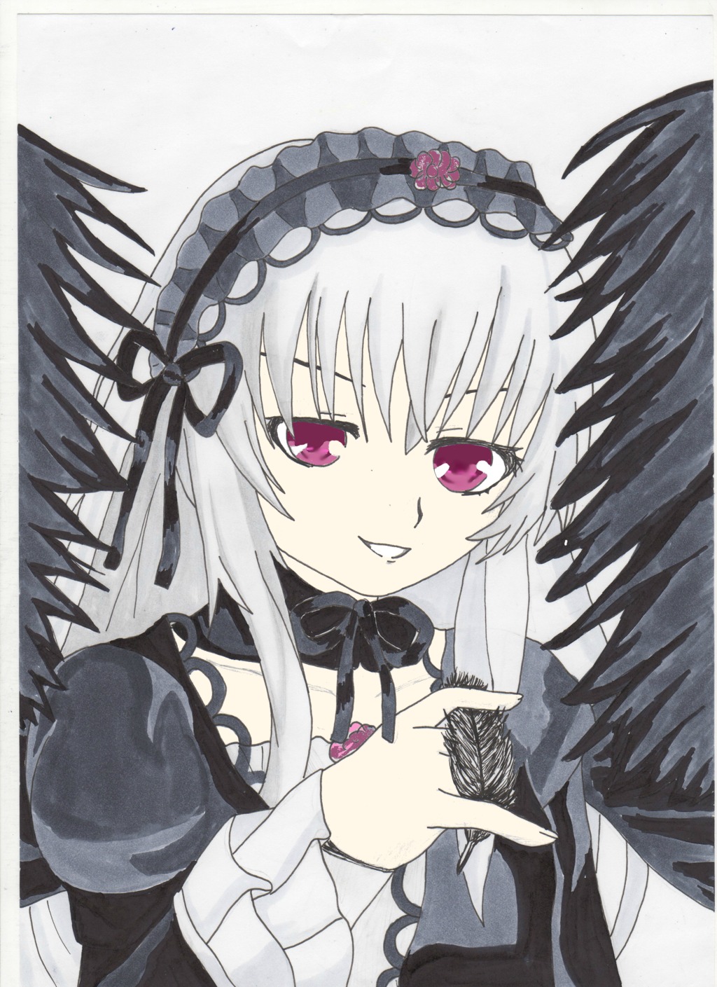 1girl black_wings detached_collar dress flower frills hairband image long_hair long_sleeves looking_at_viewer marker_(medium) pink_eyes ribbon rose silver_hair smile solo suigintou traditional_media white_background wings